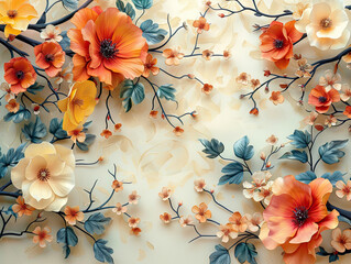 Elegant colorful with vibrant flower hanging branches illustration background. Bright color 3d abstraction wallpaper for interior mural, Generated by AI	