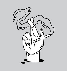 fantasy illustration of promise hand sign and smoke, drawing, ink, line art