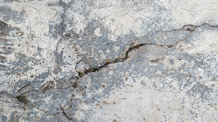 Close up texture of a cracked concrete surface with gray and white tones and a rough texture. Cracked Concrete Surface Material Background.