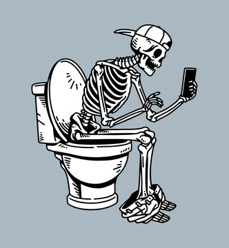 recommend clip art: fantasy illustration of skeleton on toilet, drawing, ink, line art