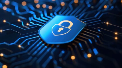 A blue and yellow electronic circuit board with a keypad and a lock