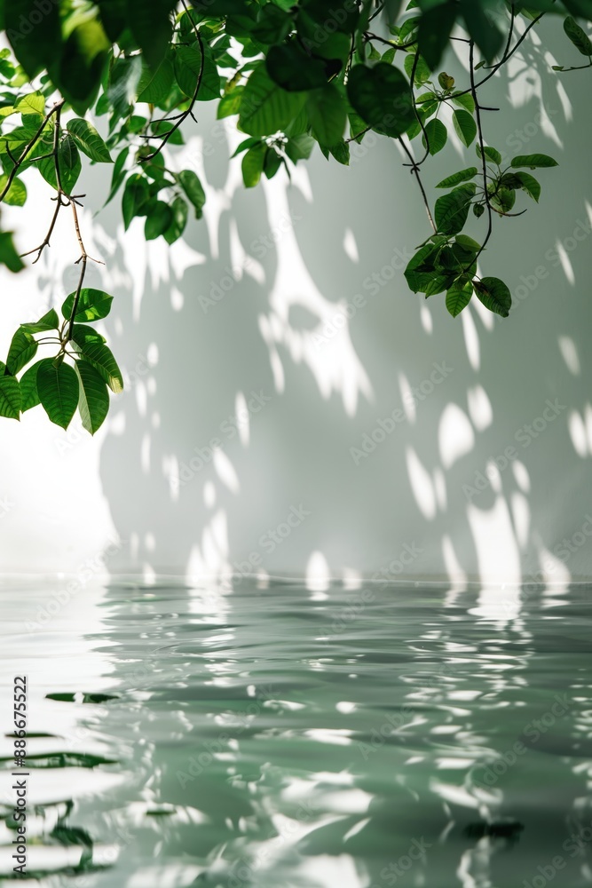 Poster Indoor scene with white wall background features a large window allowing natural light to enter. A green plant hangs from ceiling and a pool of water reflects surroundings creating dynamic element.