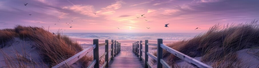 Obraz premium Wooden Pathway Leading to the Beach at Sunset