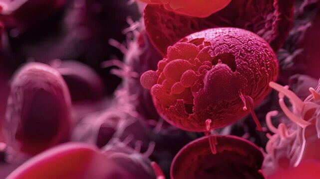 A microscopic image of a developing erythrocyte in the midst of hemoglobin synthesis showcasing the vibrant red color.