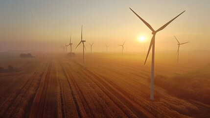 Fototapeta premium Serene Wind Farm Turbines Gently Turning at Sunset Amid Golden Fields Showcasing Renewable Energy Sources