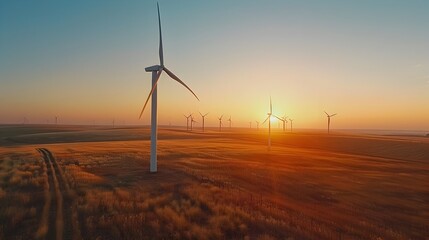 Obraz premium Serene Wind Farm at Sunset with Gentle Turning Turbines and Golden Countryside Backdrop