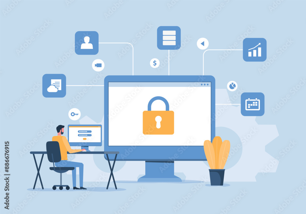 Poster flat vector illustration design business data protection and internet cyber security concept . busin