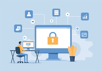 flat vector illustration design business data protection and internet cyber security concept . business people working concept