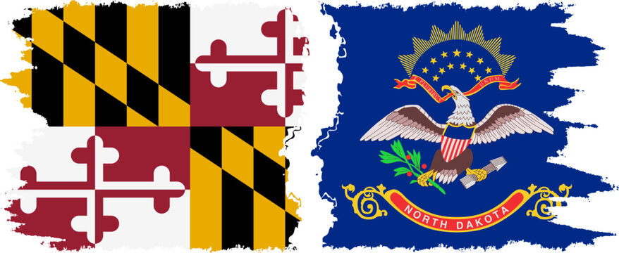 North Dakota and Maryland states grunge brush flags connection, vector