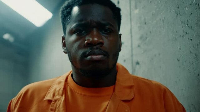 African American prisoner in orange uniform sits on the bed behind bars, prisoner in prison cell. Criminal serves imprisonment term for crime in jail. Detention center or correctional facility. 4k