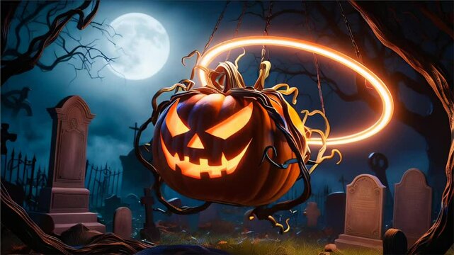 a spooky halloween pumpkin hangs over the grave. under the night moon. scary.