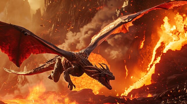 a deadly predator giant dragon celebrating while flying and roaring because he has burned down the habitat of his enemy by his fire breath, high fire burning in background