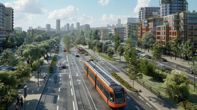 Generate a photo realistic image of transit-oriented development integrating residential and commercial areas around public transport; ensure the image is of high resolution for clear.