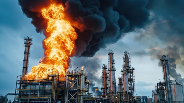 Huge flames and black smoke explode in an oil refinery factory building.
