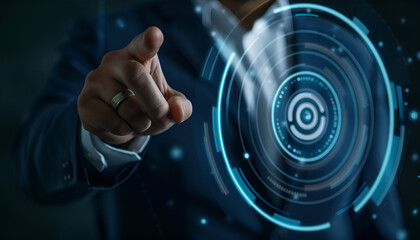 Marketing concept. Businessman pointing at target on digital screen against color background, closeup