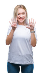 Young blonde woman over isolated background showing and pointing up with fingers number nine while smiling confident and happy.