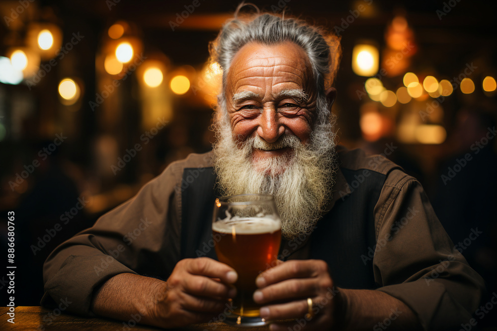 Poster Generative AI portrait of a cheerful nice man at a fair or beer festival