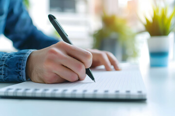 Influencer’s hand writing content plan on a notepad, setting goals and planning content creation before work