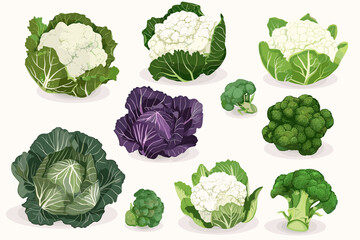 Set of cabbage, salad, broccoli and cauliflower in different types isolated on white. Vector illustration