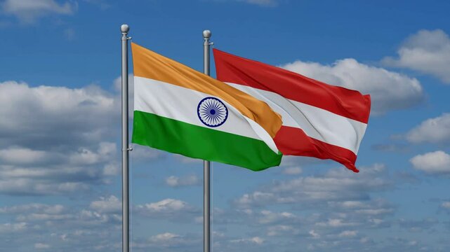 Austria and India flags flying together, video concept of the relationship, two country relations concept