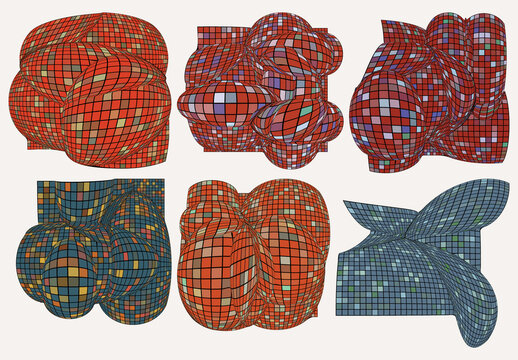Set of Colored Geometric 3D computer modeled wire frame futuristic objects