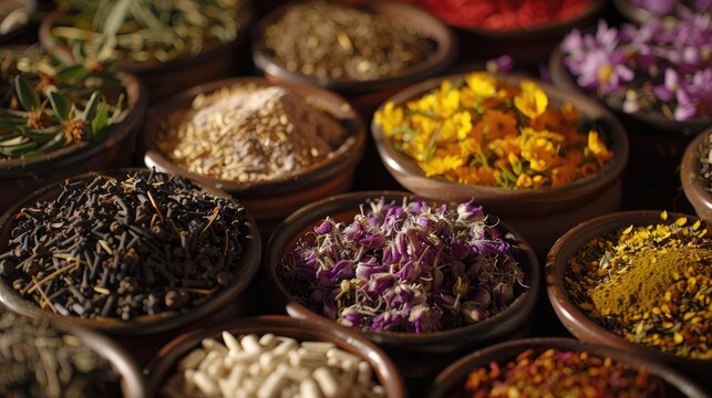 Close up of herbal medicines in traditional Unani medicine concept