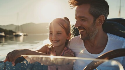 Depiction of father's day, A father teaching her little daughter how to drive a boat , they are very happy with each other and the little girl is enjoying the company of her father