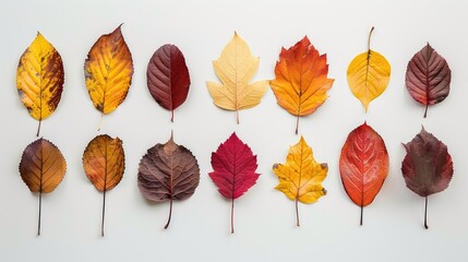 Obraz premium Colorful autumn leaves arranged on white background top view photo