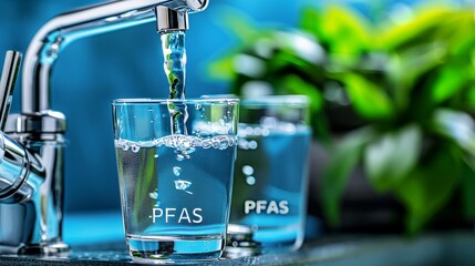 Close up of tap water flowing into a glass with pfas inscription, highlighting health risk pollution