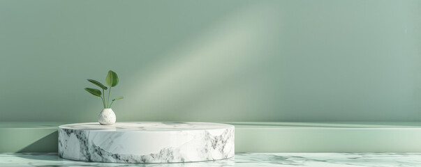 An elegant marble podium with silver veining, positioned in front of a pastel green wall. The soft and calming colors create a serene and sophisticated backdrop for showcasing products.