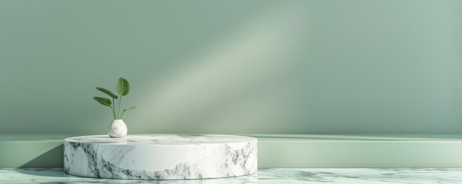 An elegant marble podium with silver veining, positioned in front of a pastel green wall. The soft and calming colors create a serene and sophisticated backdrop for showcasing products.