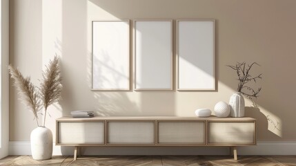 Contemporary drawer set with decorations and empty frames by beige wall in a room