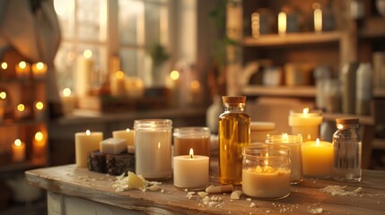 Fototapeta premium Soothing Soy Aromatic Candle Making Workshop with Essential Oils and Glass Jars