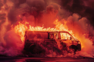 A van in flames, with thick smoke swirling around, isolated on a maroon background. The deep, rich color highlights the dramatic scene of the burning vehicle.