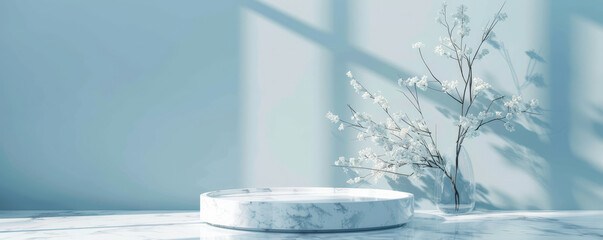 A refined marble podium with a glossy white surface, set against a pastel blue wall. The soft and calming color palette creates a serene and elegant backdrop, ideal for showcasing delicate or