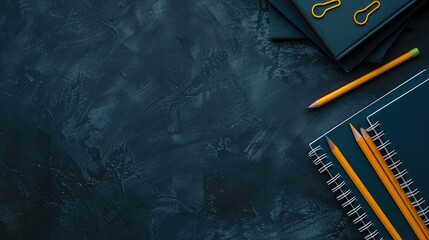 Desk with pencils and notebook seen from above Plenty of space for writing