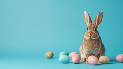 Easter theme with bunny and eggs on vibrant blue backdrop Text area available