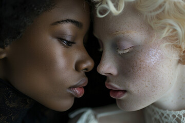 Obraz premium Created with generative AI picture of black african model facing albino woman
