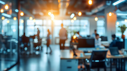 Obraz premium Business open modern office daytime daylight with blurred people in smart casual wear having a meeting. Working culture chill happy enjoy workplace work life balance plant women men employee