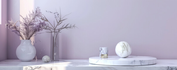 A minimalist marble podium with subtle gray veining, placed against a soft lavender wall. The