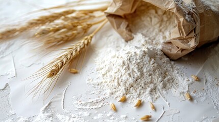 Flour and wheat ear in a paper bag on a white surface