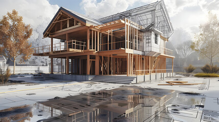 detailed architectural design rendering new house apartment home construction wooden framework blueprints  floor plans details architect engineer 3D model technical drawings build real estate property