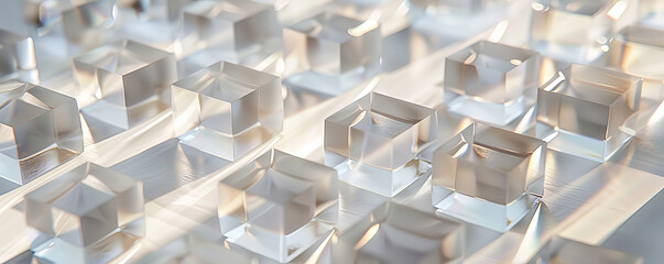 Fototapeta premium A minimalist geometric pattern with clear glass cubes, arranged in a repetitive sequence on a white