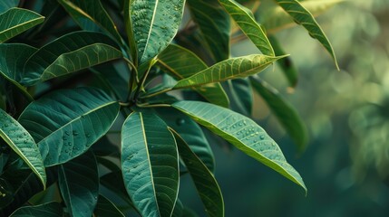 Fresh green mango leaves with detailed texture on a tropical background