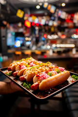 Close-up of four garnished hot dogs on a tray, with various toppings