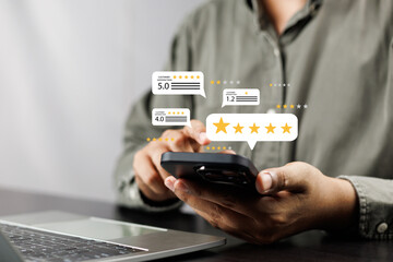 Online customer satisfaction Survey service concept, client rate service from experience in application,Consumer give five-Stars and feedback review for quality, Business reputation ranking from buyer