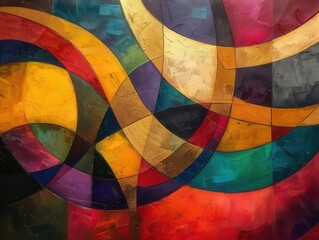 Abstract hand drawn oil painting. Bright colors with gold lines. Modern gallery style.