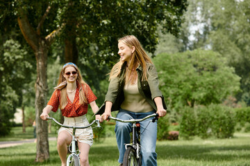 Two young women, dressed casually, ride their bikes through a lush green park on a sunny day, smiling and enjoying each other company.