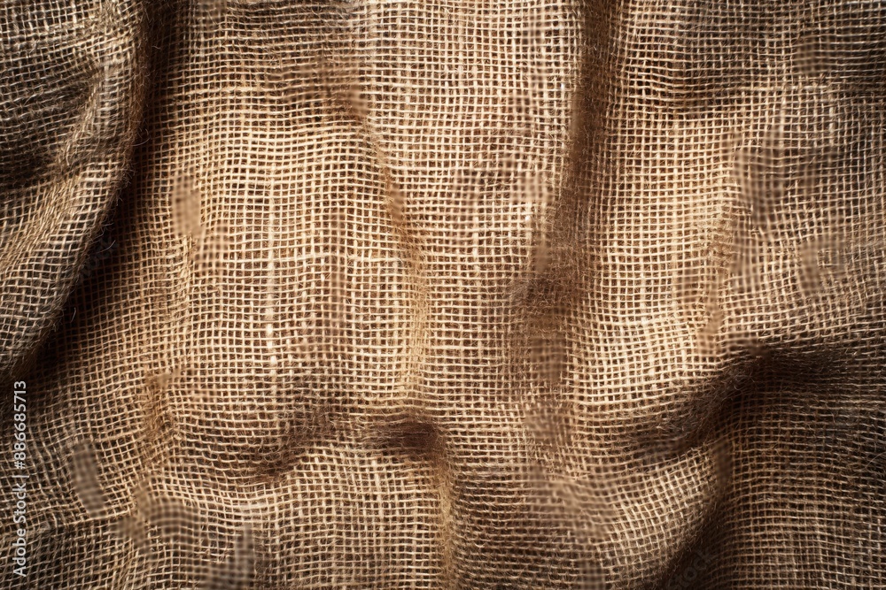 Poster Brown fabric texture close-up on rustic background. Burlap or canvas material with wrinkled surface adds depth to scene. Perfect for vintage, eco, and tech designs.