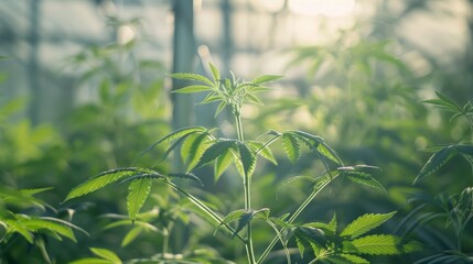Fototapeta premium A close-up view of cannabis plants in a greenhouse, bathed in the soft light of the morning sun